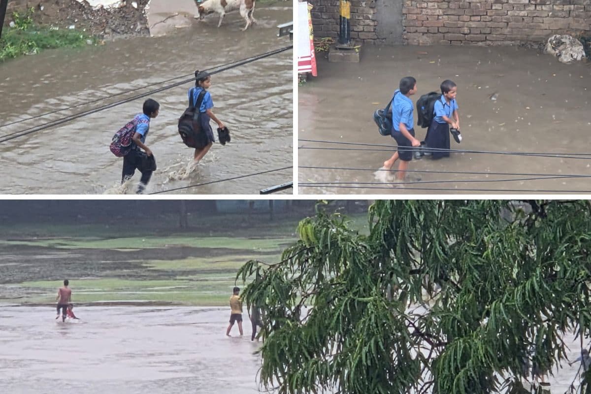 तेज बारिश से सीएमएस स्कूल का ग्राउंड बन गया तालाब, पानी में बच्चों ने खूब खेला फुटबॉल