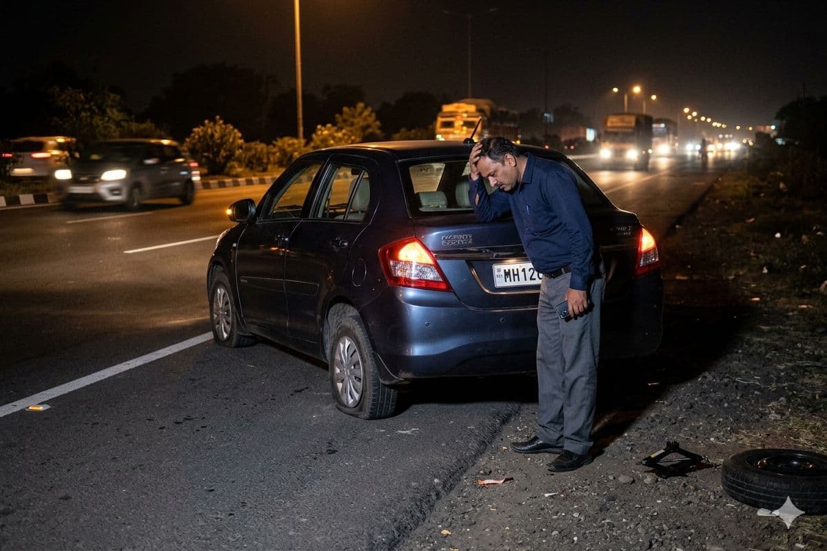 रात में टायर पंचर हो जाए तो क्या करें? जानें सेफ्टी टिप्स, जरूरी टूल्स और फिक्स करने का आसान तरीका