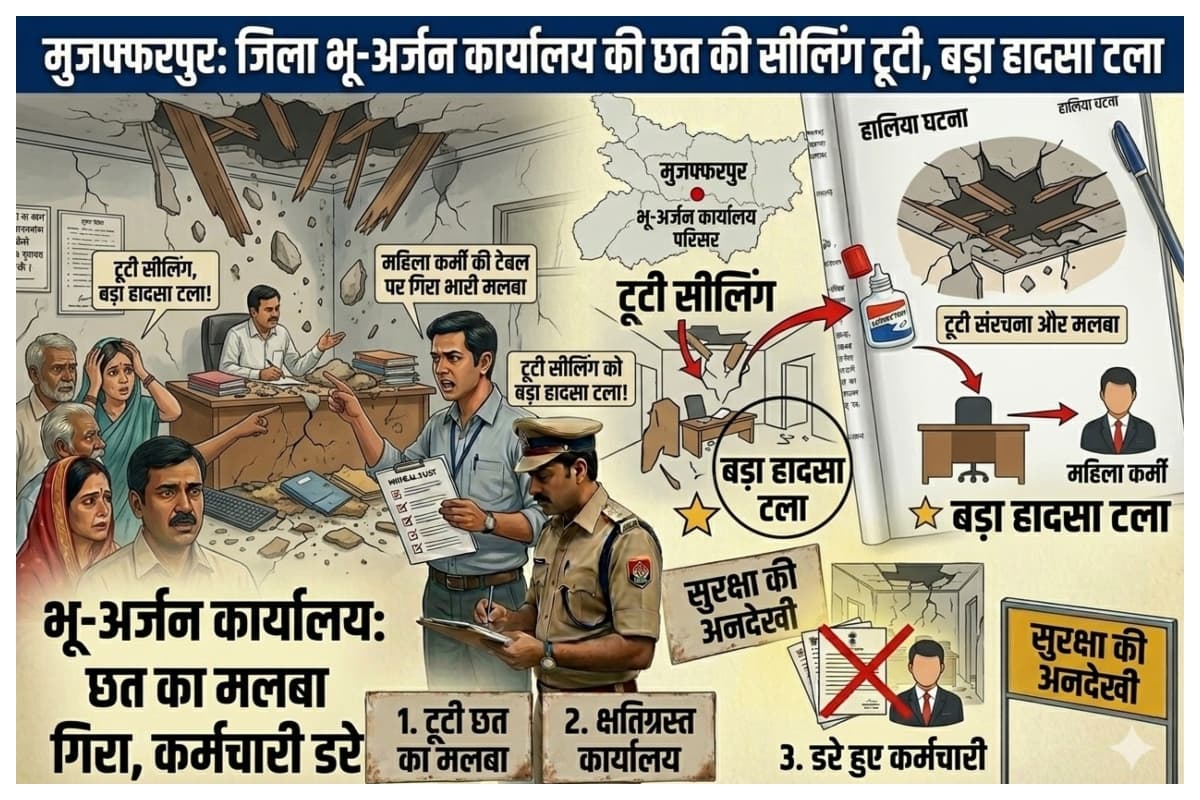 Muzaffarpur News: जिला भू-अर्जन कार्यालय की छत की सीलिंग टूटी, महिला कर्मी की टेबल पर गिरा मलबा, बड़ा हादसा टला