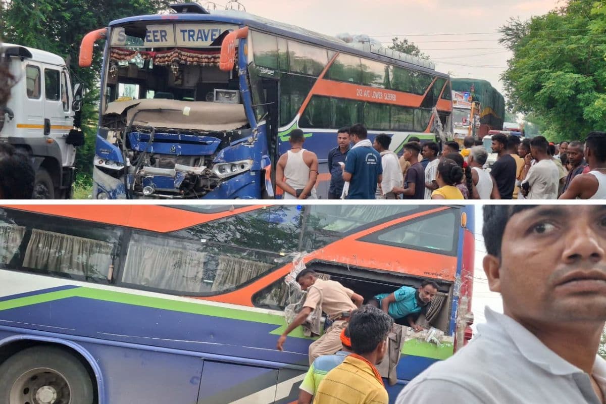 नवगछिया में समीर ट्रेवल्स बस ट्रक से टकराई, पुलिस ने शीशा तोड़कर बचाई यात्रियों की जान
