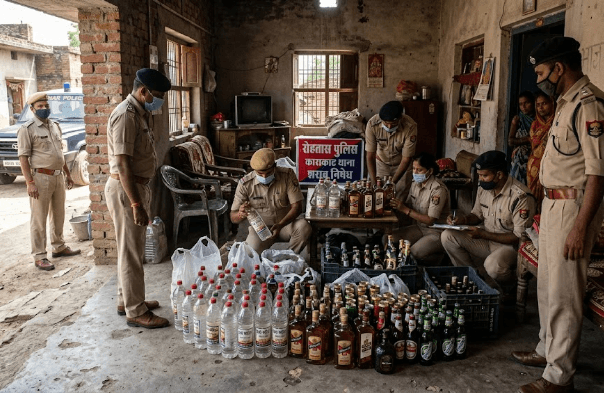 रोहतास के काराकाट में अजय साह के घर पुलिस की बड़ी रेड, 75 लीटर देशी-विदेशी शराब और बियर जब्त