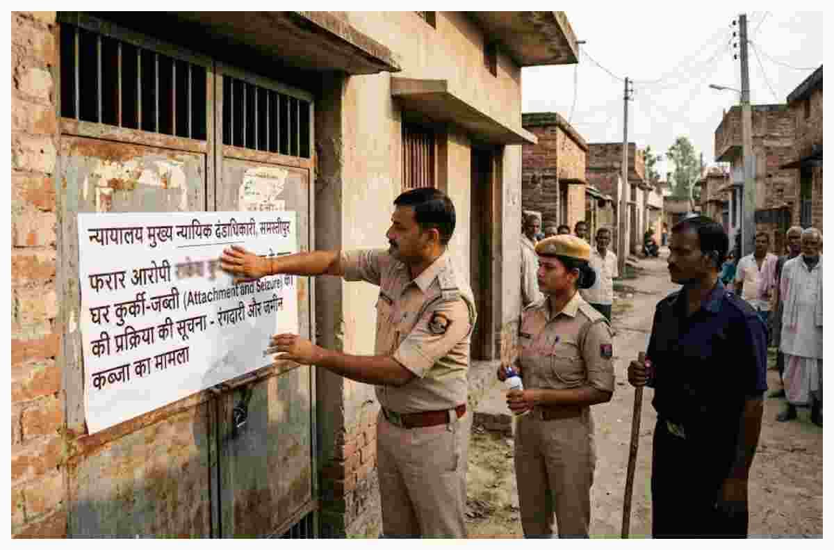 रंगदारी मांगने और जमीन कब्जाने के मामले में फरार आरोपी के घर चस्पा इश्तेहार, होगी कुर्की-जब्ती