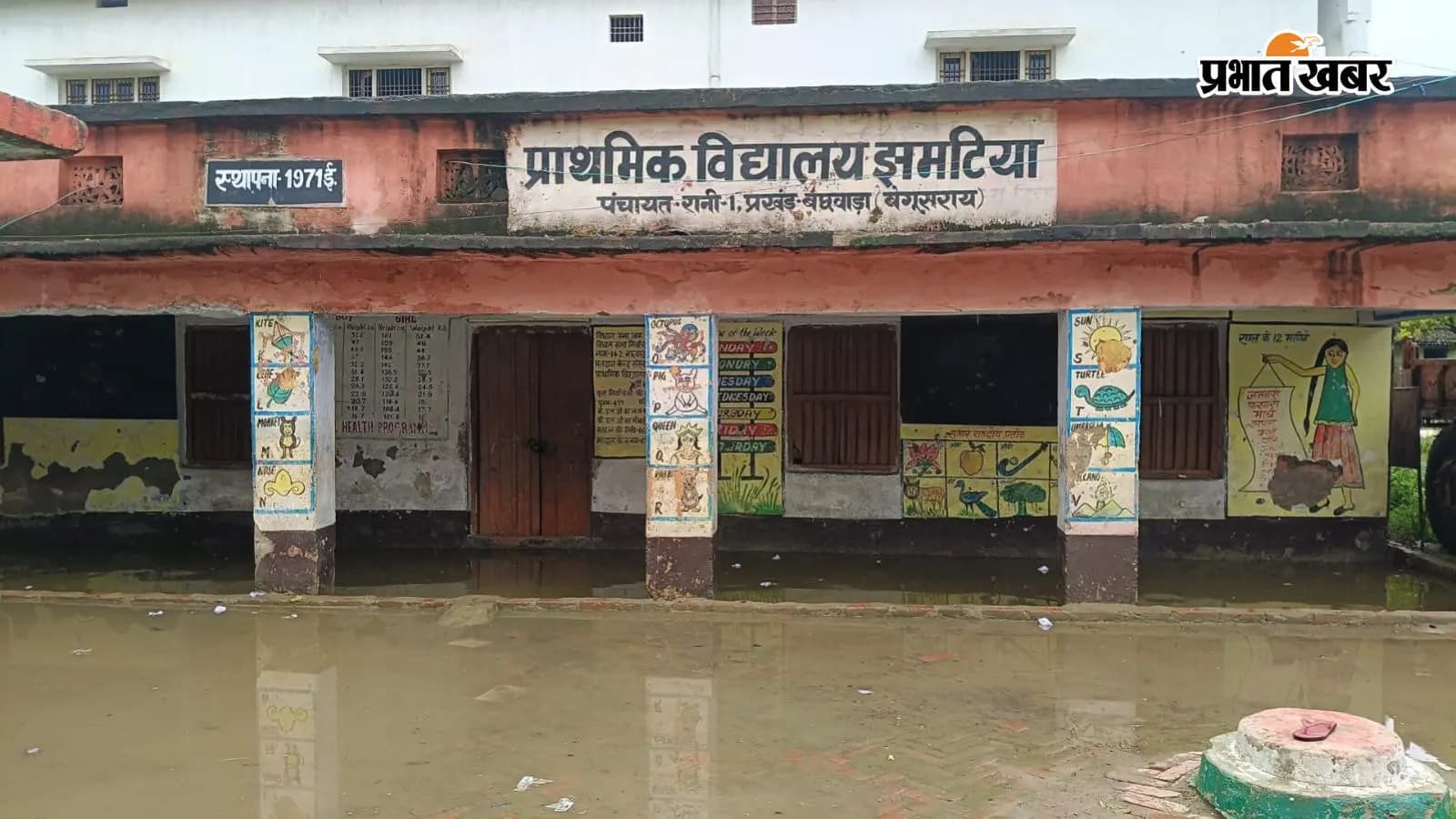 विद्यालय परिसर में जलजमाव रहने से छात्रों को पठन पाठन में हो रही है परेशानी