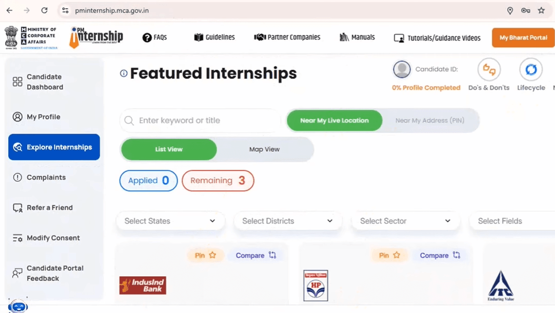 PM Internship Scheme Online Application Page 