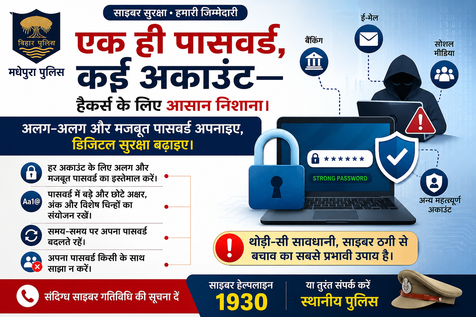 एक ही पासवर्ड से बढ़ सकता है साइबर ठगी का खतरा, मधेपुरा पुलिस ने जारी की एडवाइजरी