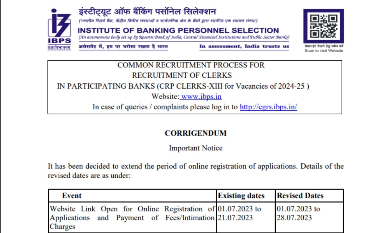 IBPS Clerk 2023 के लिए आवेदन करने की अंतिम तारीख बढ़ी, अब 28 जुलाई तक कर सकते हैं अप्लाई, डिटेल्स जान लें IBPS Clerk 2023 के लिए आवेदन करने की अंतिम तारीख बढ़ी, अब 28 जुलाई तक कर सकते हैं अप्लाई, डिटेल्स जान लें