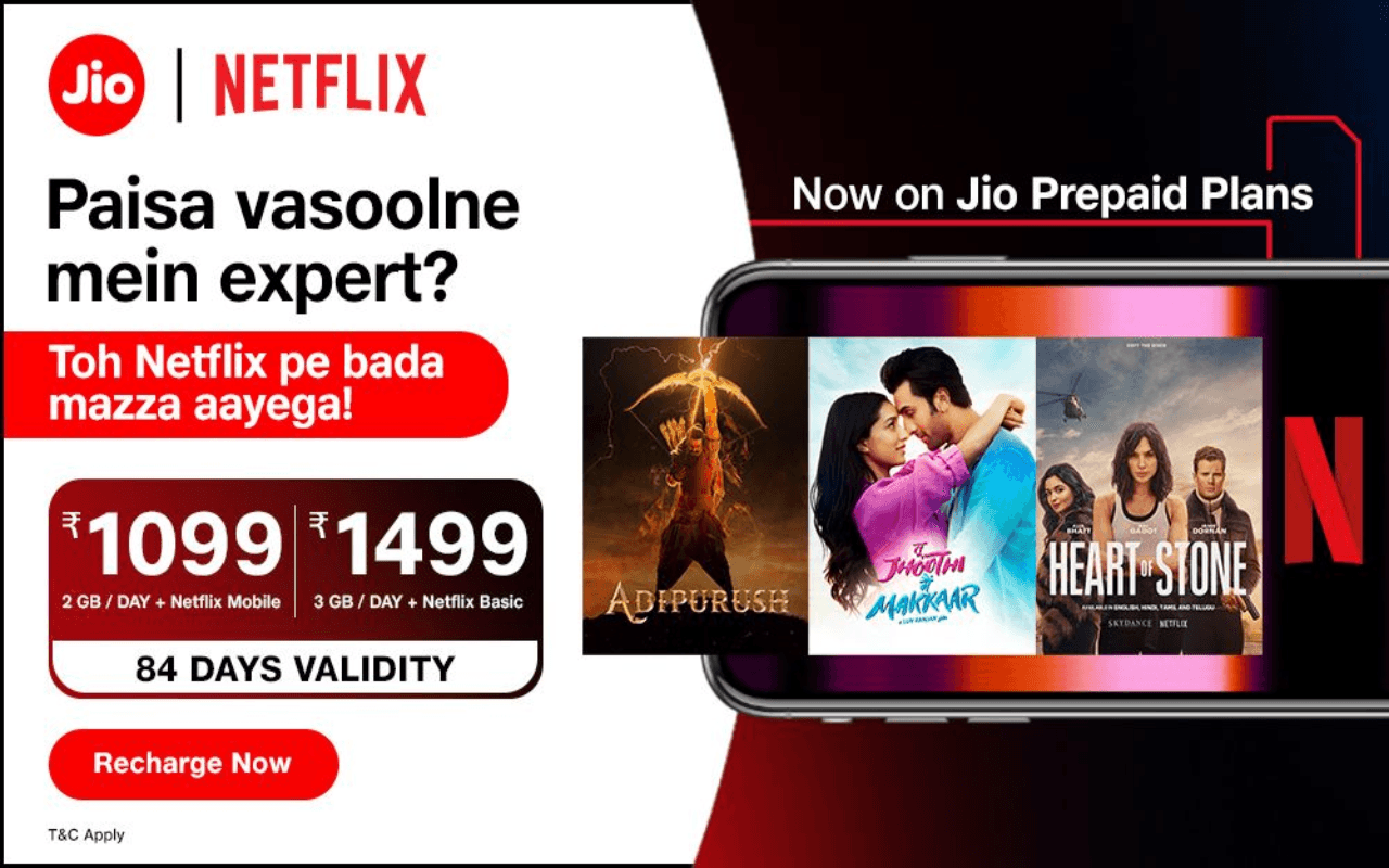 Jio New Plan: रिलायंस जियो ने लॉन्च किये दो नए प्रीपेड प्लान, Netflix के साथ मिलेगा 84 दिनों तक 3GB डेली डेटा Jio New Plan: रिलायंस जियो ने लॉन्च किये दो नए प्रीपेड प्लान, Netflix के साथ मिलेगा 84 दिनों तक 3GB डेली डेटा
