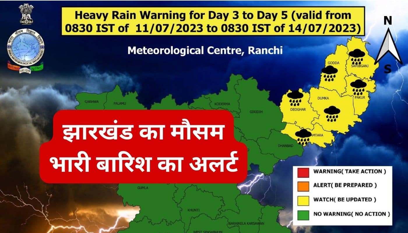 झारखंड में तीन दिन तक भारी वर्षा की चेतावनी, संताल परगना के लिए मौसम विभाग ने जारी किया येलो अलर्ट झारखंड में तीन दिन तक भारी वर्षा की चेतावनी, संताल परगना के लिए मौसम विभाग ने जारी किया येलो अलर्ट