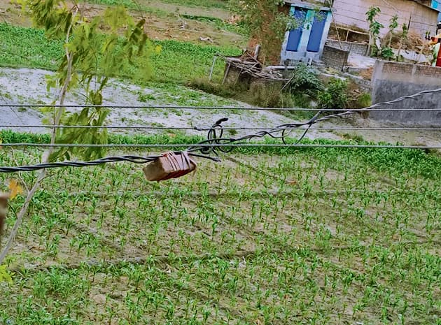 सड़क पर हाईटेंशन तार के नीचे से गुजर रहे बिजली के तार से हादसे की आशंका