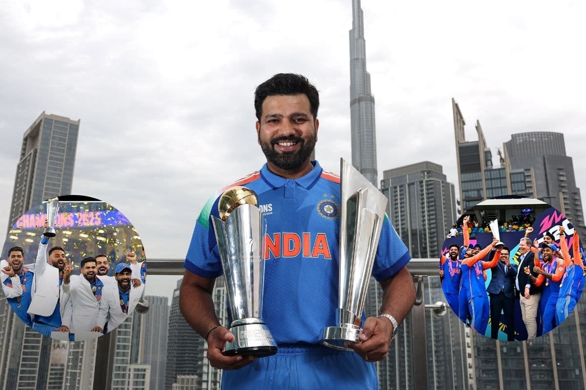 Rohit Sharma with 2 ICC Trophies. Rohit Sharma with 2 ICC Trophies.