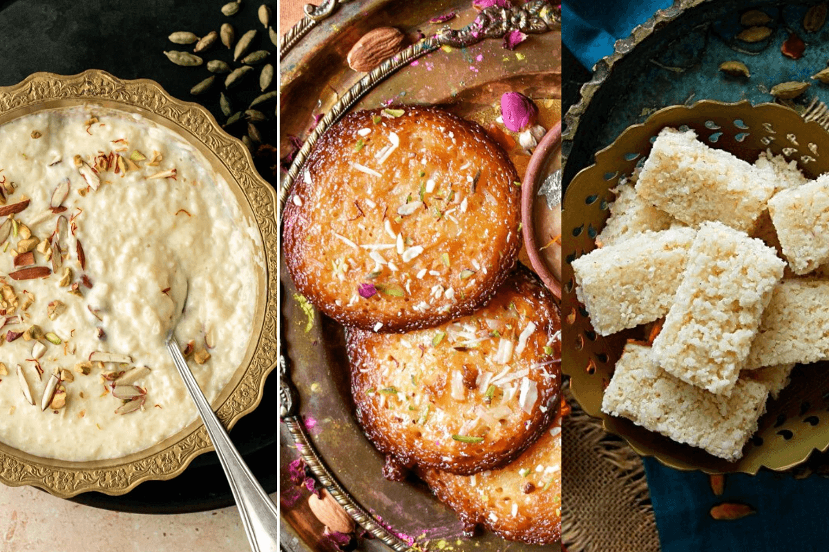 raditional Santan Saptami bhog prasad including jaggery rice kheer, sweet puri/pua, and barfi served in festive style for Hindu ritual offering. raditional Santan Saptami bhog prasad including jaggery rice kheer, sweet puri/pua, and barfi served in festive style for Hindu ritual offering.