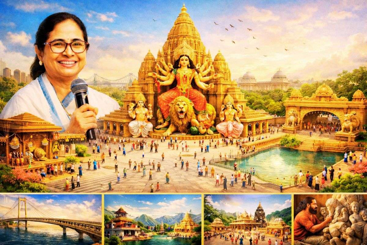 कोलकाता के दुर्गा आंगन में कई देवी-देवताओं के होंगे अलग-अलग मंदिर. फोटो : AI कोलकाता के दुर्गा आंगन में कई देवी-देवताओं के होंगे अलग-अलग मंदिर. फोटो : AI
