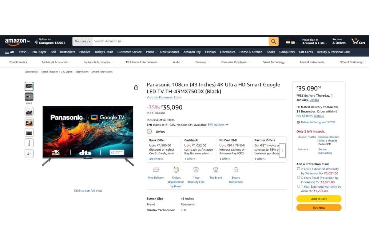 Panasonic 4K Ultra HD Smart Google LED TV TH-43MX750DX (43 inches)