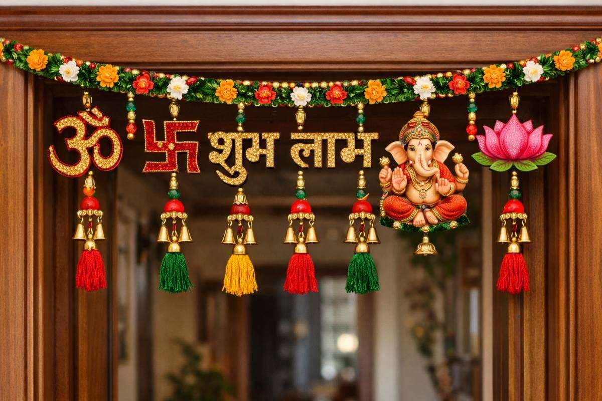 Om Swastika Shubh Labh Ganesha lotus symbols placed on main door for vastu benefits