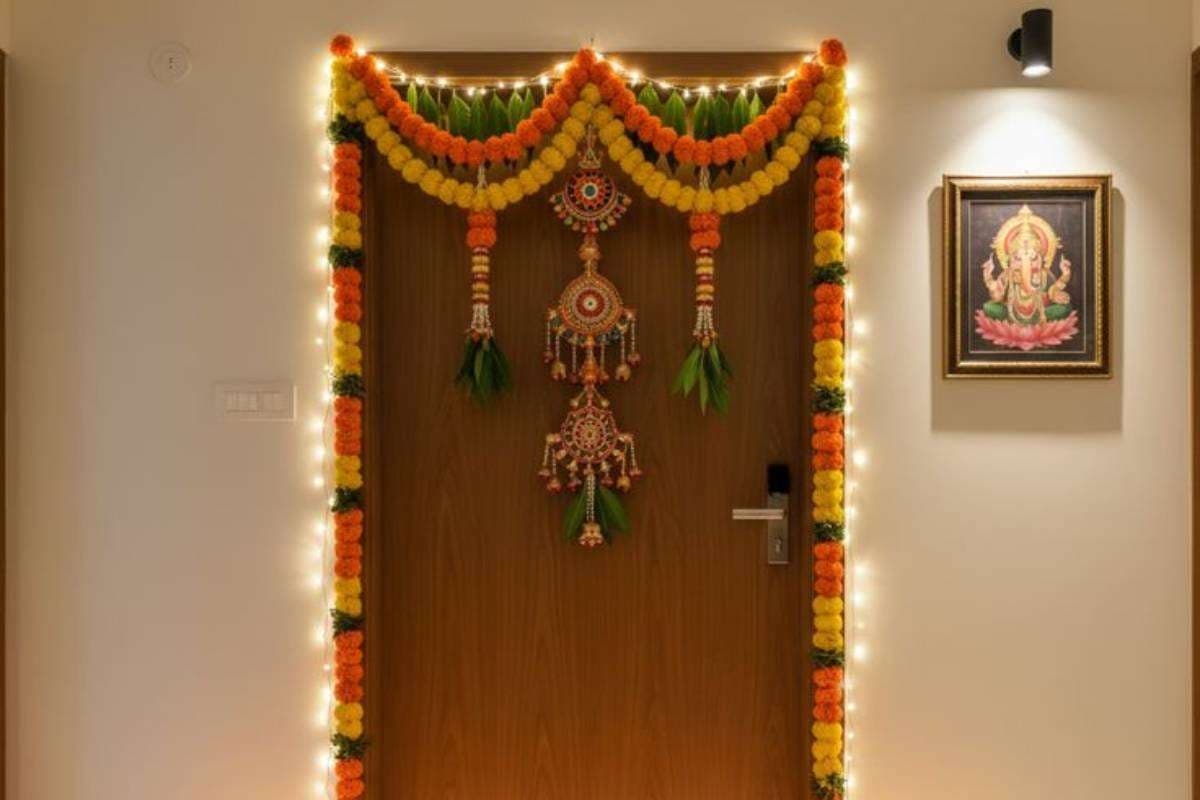 Traditional vastu toran or bandhanwar decorated on main door for positive energy