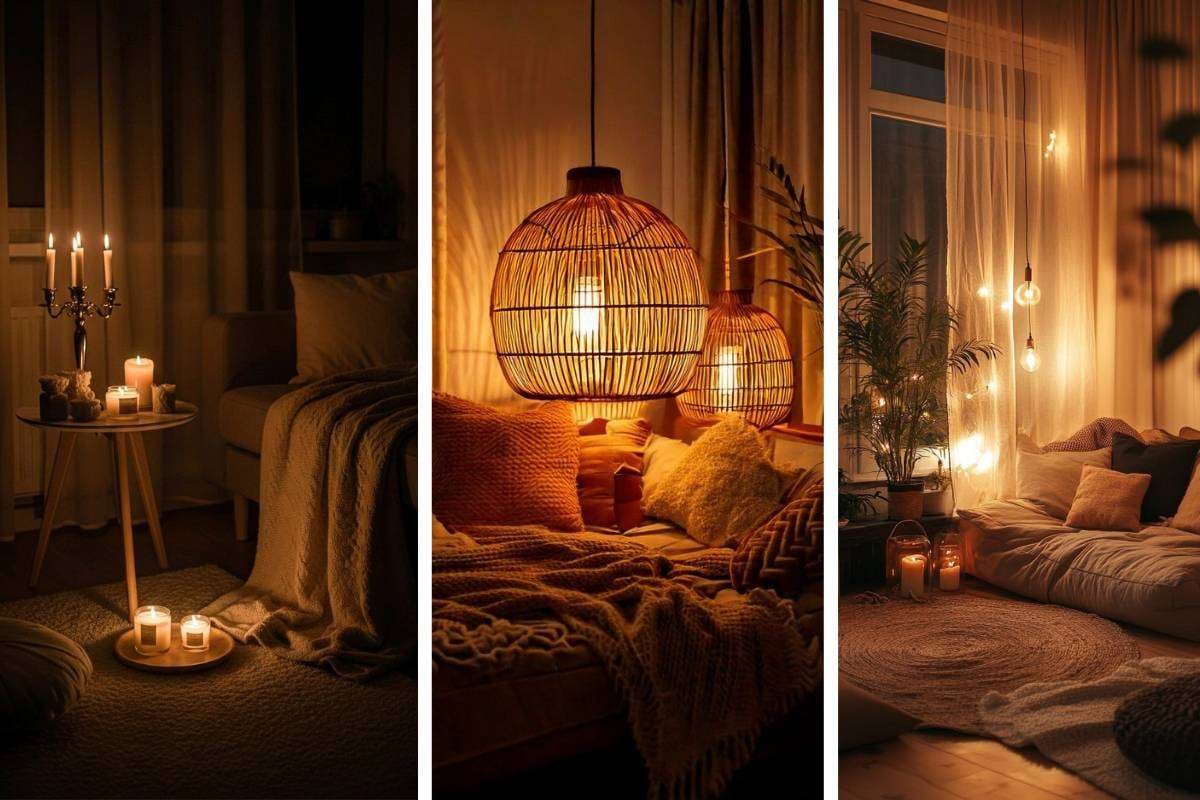 Cozy winter home decor with soft lighting, warm lamps and fairy lights creating a relaxing winter glow