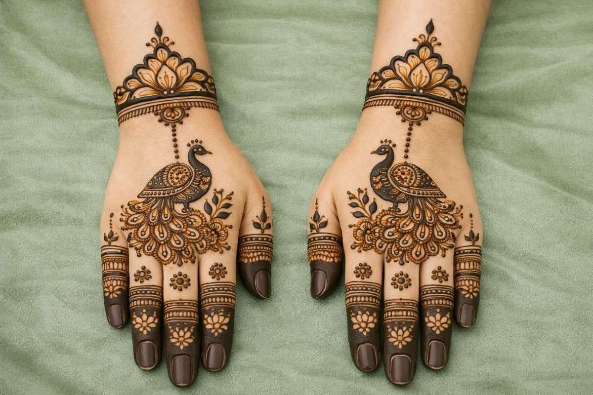 एआई लोहड़ी सिंपल मोर मेहंदी डिजाइन बैक हैंड