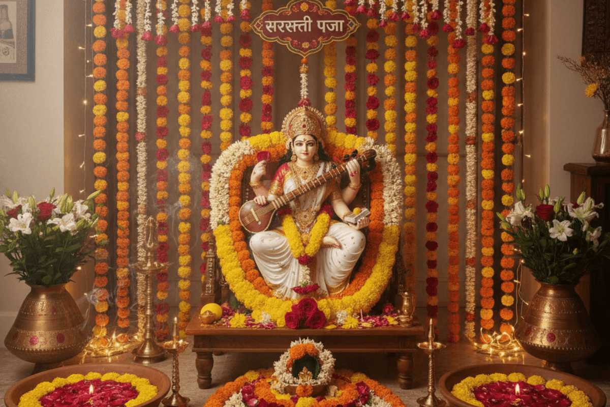 Fresh Flower Decoration for Saraswati Puja at Home