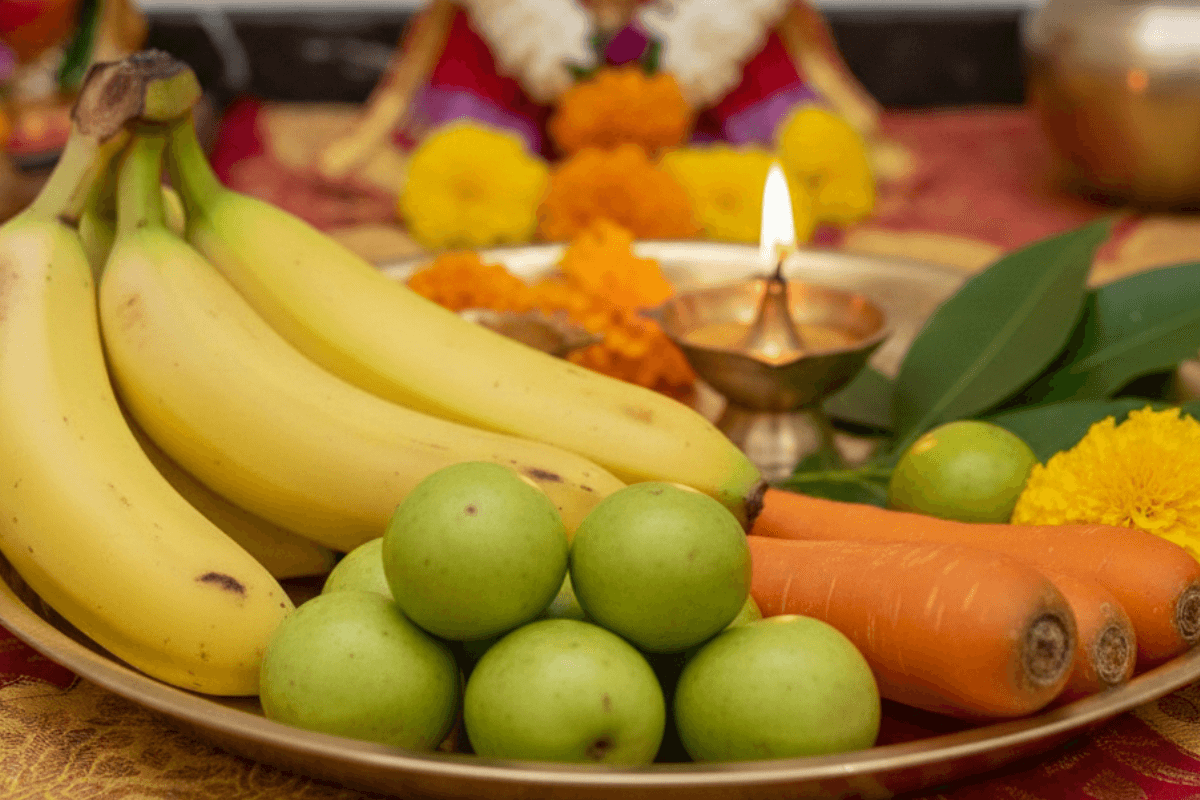 Fresh Seasonal Fruits Bhog For Saraswati Puja