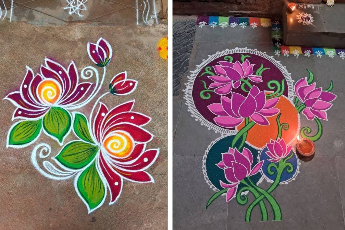 बसंत पंचमी के लिए कमल फूल रंगोली डिजाइन: Lotus Flower Rangoli Design for Basant Panchami