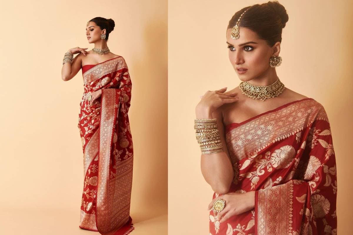 पूजा के लिए रेड सिल्क साड़ी - तारा सुतारिया से इंस्पायर्ड लुक Red Silk Saree for Pooja – Tara Sutaria Inspired Look)