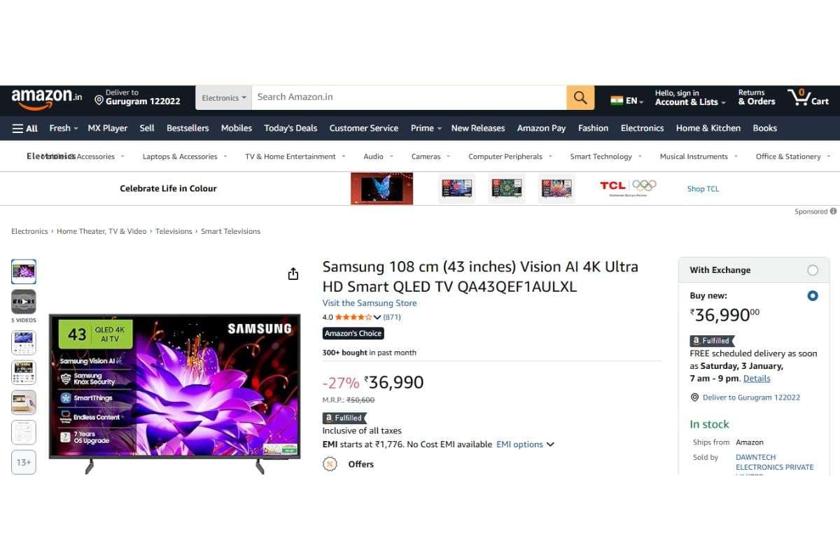 Samsung Vision AI QLED TV QA43QEF1AULXL (43 inches)