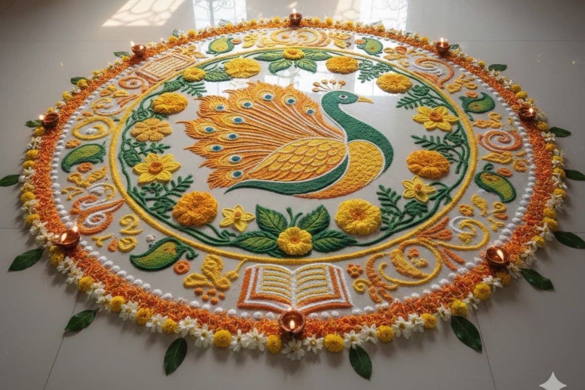 Saraswati Puja Rangoli Designs: सरस्वती पूजा पर इन खूबसूरत और क्रिएटिव रंगोली डिजाइनों से सजाएं अपना पूजा स्थल Saraswati Puja Rangoli Designs: सरस्वती पूजा पर इन खूबसूरत और क्रिएटिव रंगोली डिजाइनों से सजाएं अपना पूजा स्थल