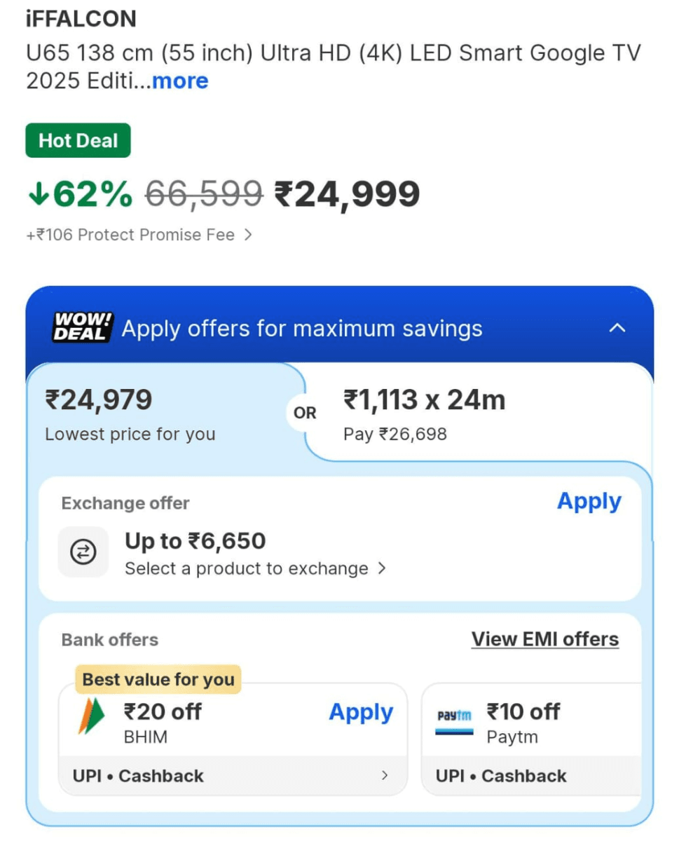 iFFALCON 55 इंच स्मार्ट टीवी प्राइस