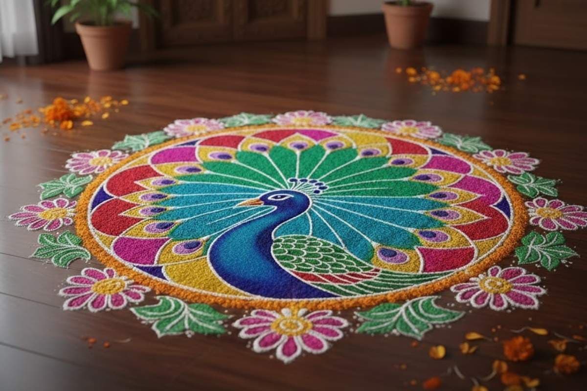 Peacock Rangoli Design (AI IMAGE)
