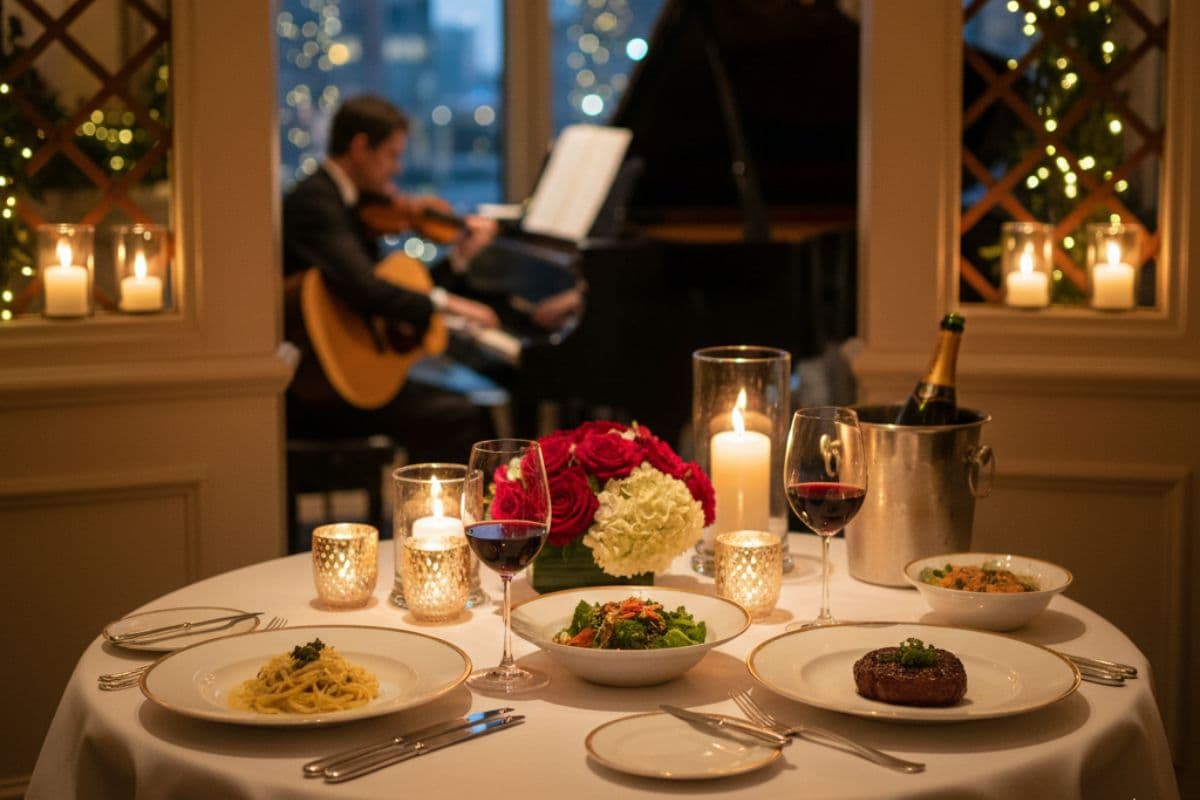 Romantic candlelight dinner setup for Valentine Day
