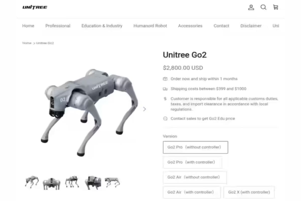 चीनी रोबोटिक्स कंपनी यूनिट्री रोबोटिक्स का डेवलप किया गया यूनिट्री Go2, 2023 से ग्लोबल मार्केट में उपलब्ध है.