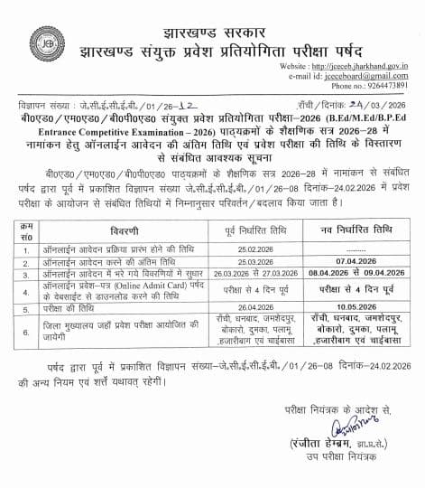 Jharkhand BEd Entrance Exam Notice