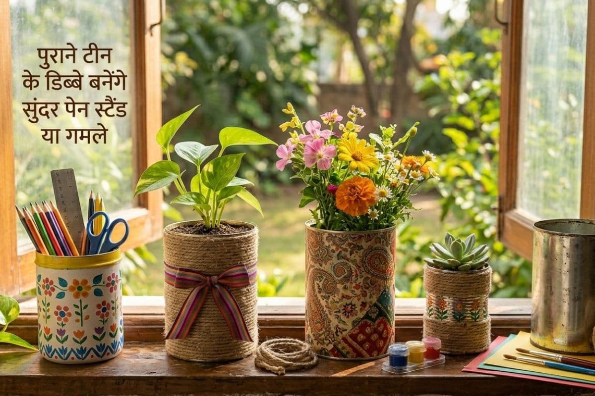 Recycled Tin Cans as Flower Pots and Pen Holders