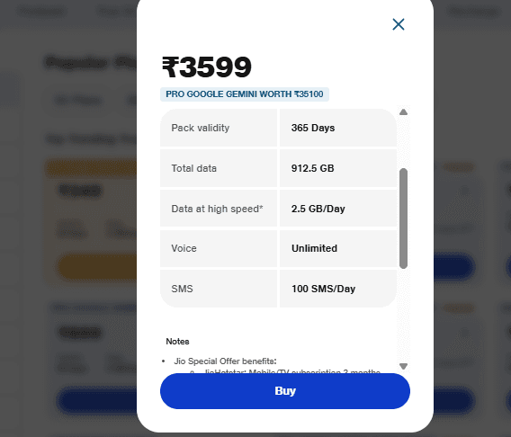 Jio का 3599 रुपये वाला प्लान