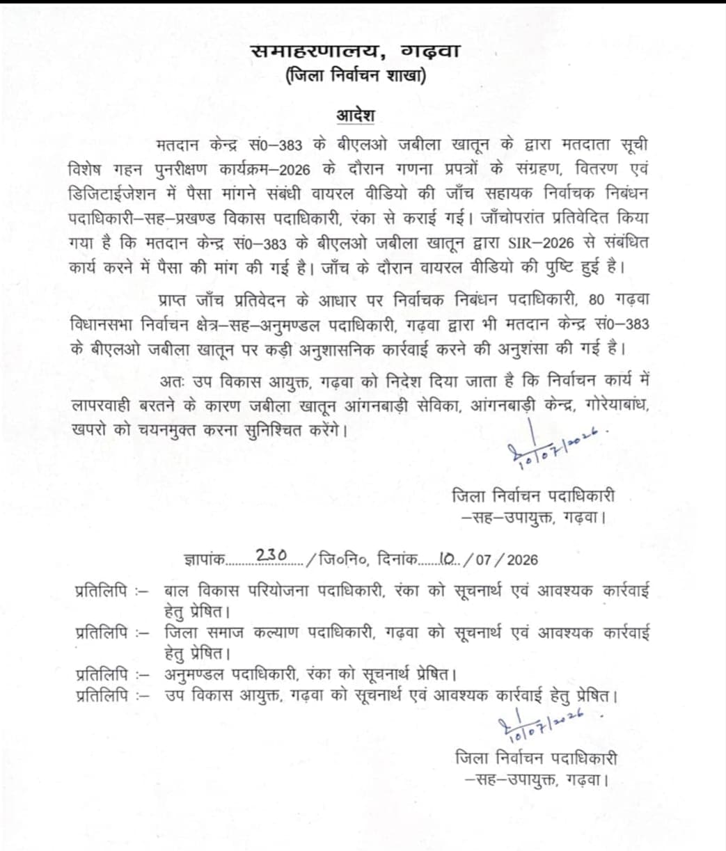 गढ़वा में एसआइआर फार्म भरने के नाम पर अवैध वसूली करने वाली बीएलओ कार्य मुक्त