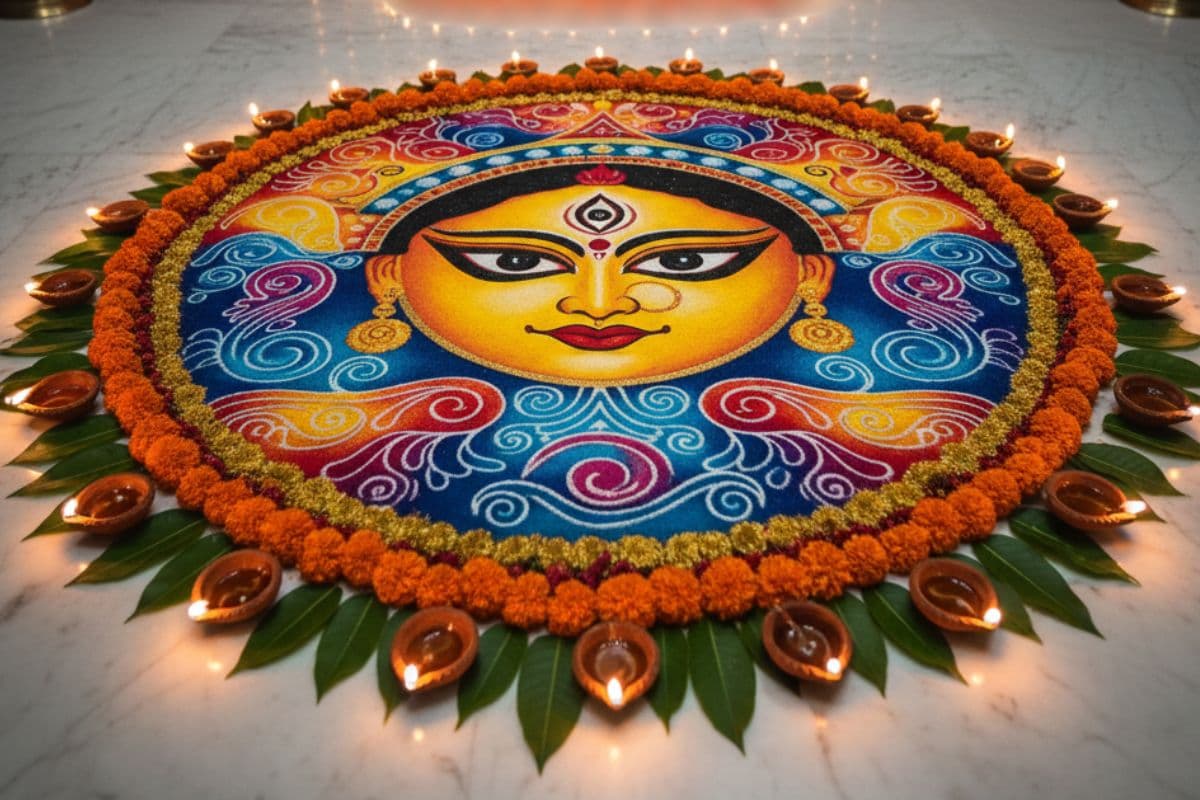 Durga Puja Rangoli Design Simple: फूलों और रंगों से सजाएं घर, मां दुर्गा का स्वागत करें इन खूबसूरत रंगोली डिजाइन्स से
