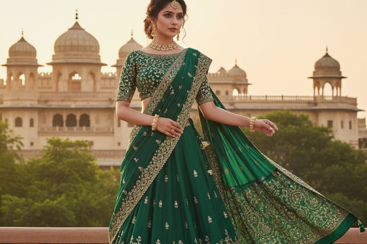 green lehenga saree