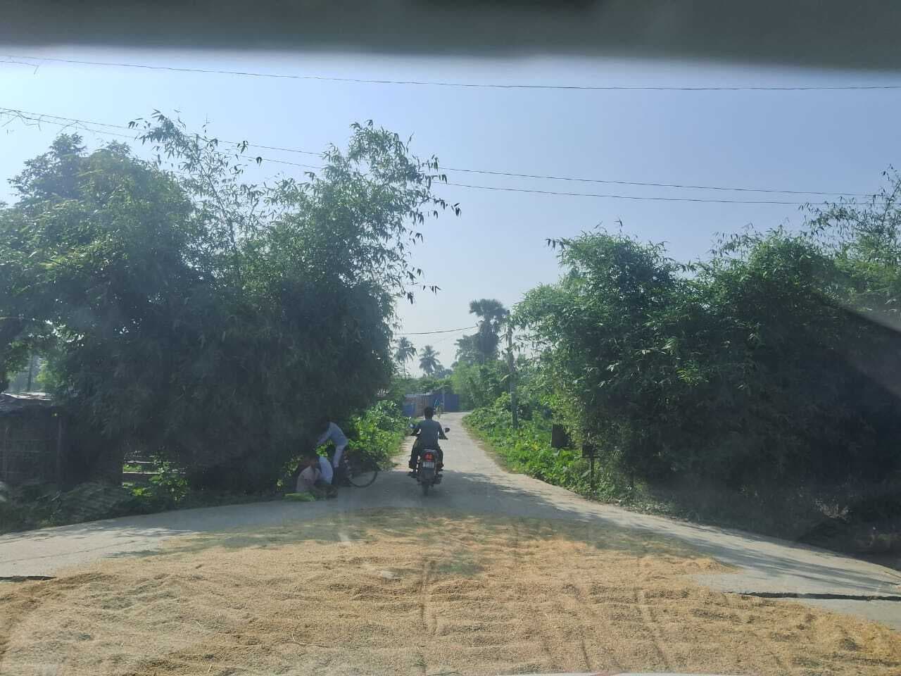 सड़क पर सुखाया जा रहा धान, हादसे की आशंका