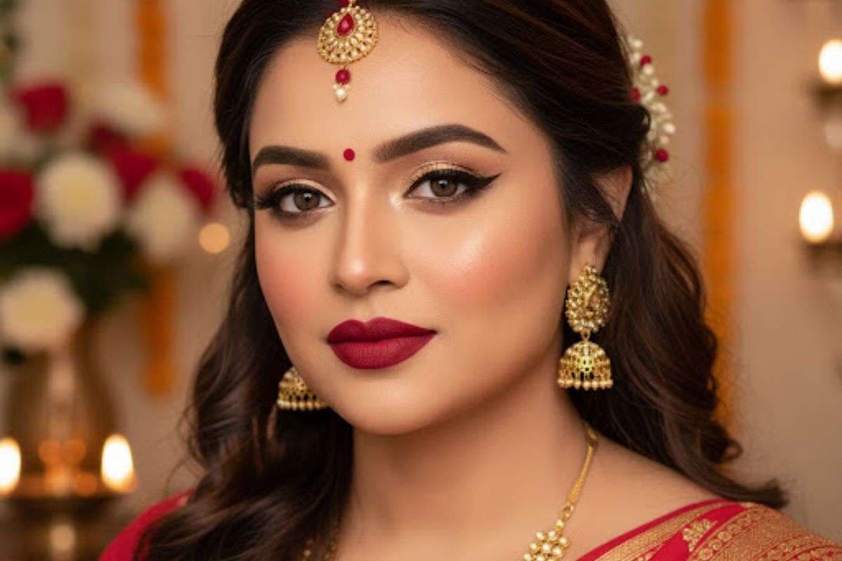 karwa chauth red lipstick winged eyeliner look