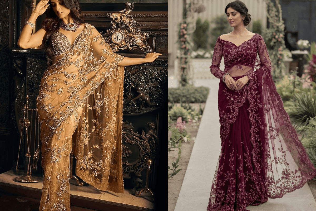 Net Saree Reception Look