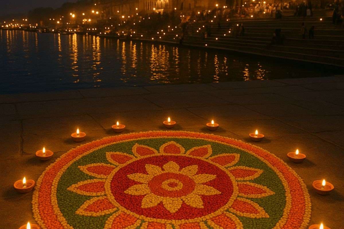 flower with diya rangoli