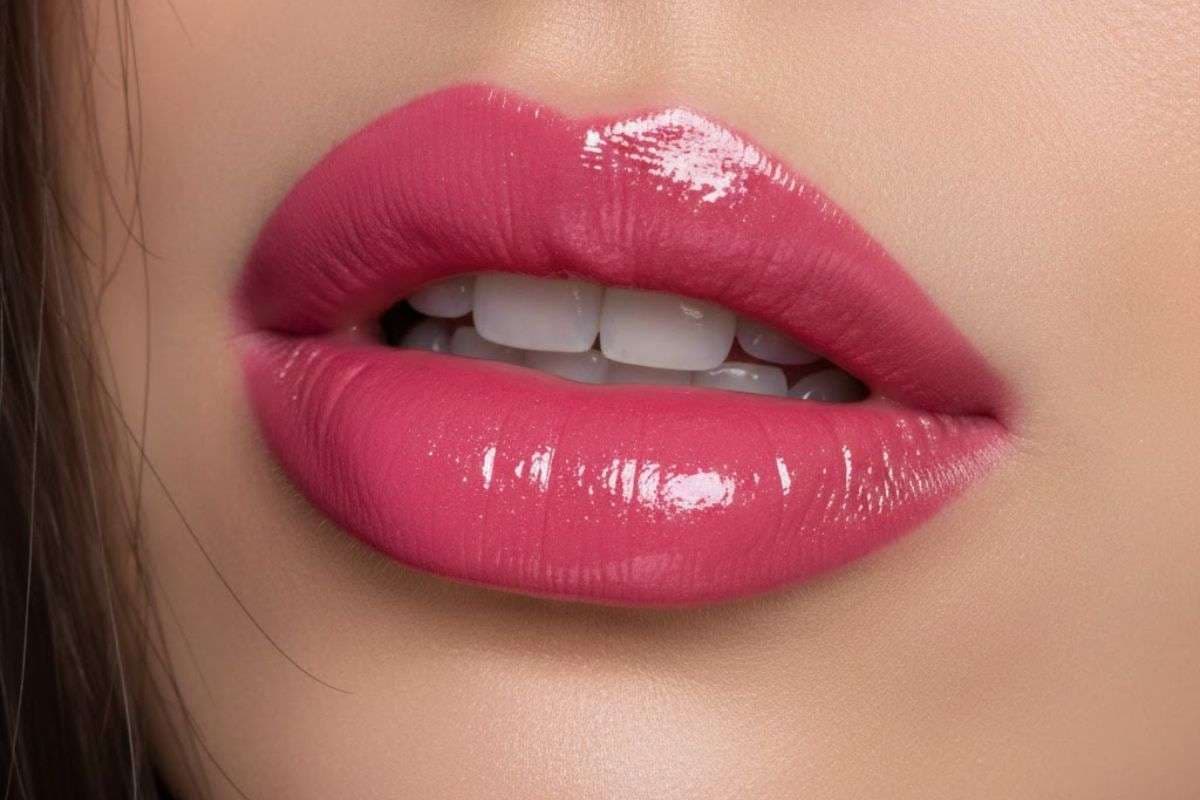 glossy pink lipstick shade
