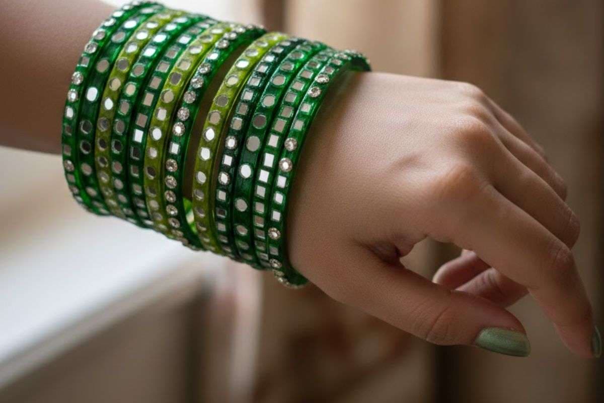 mirror work green bangle
