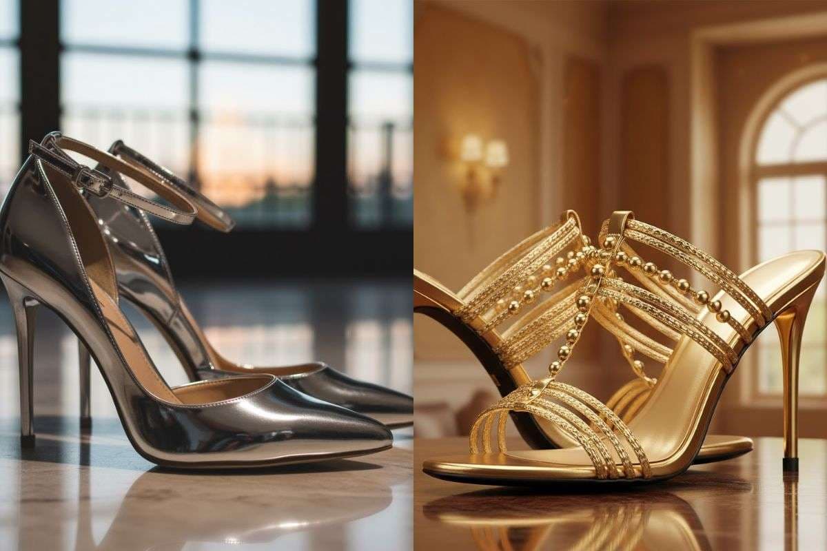 silver and golden heels