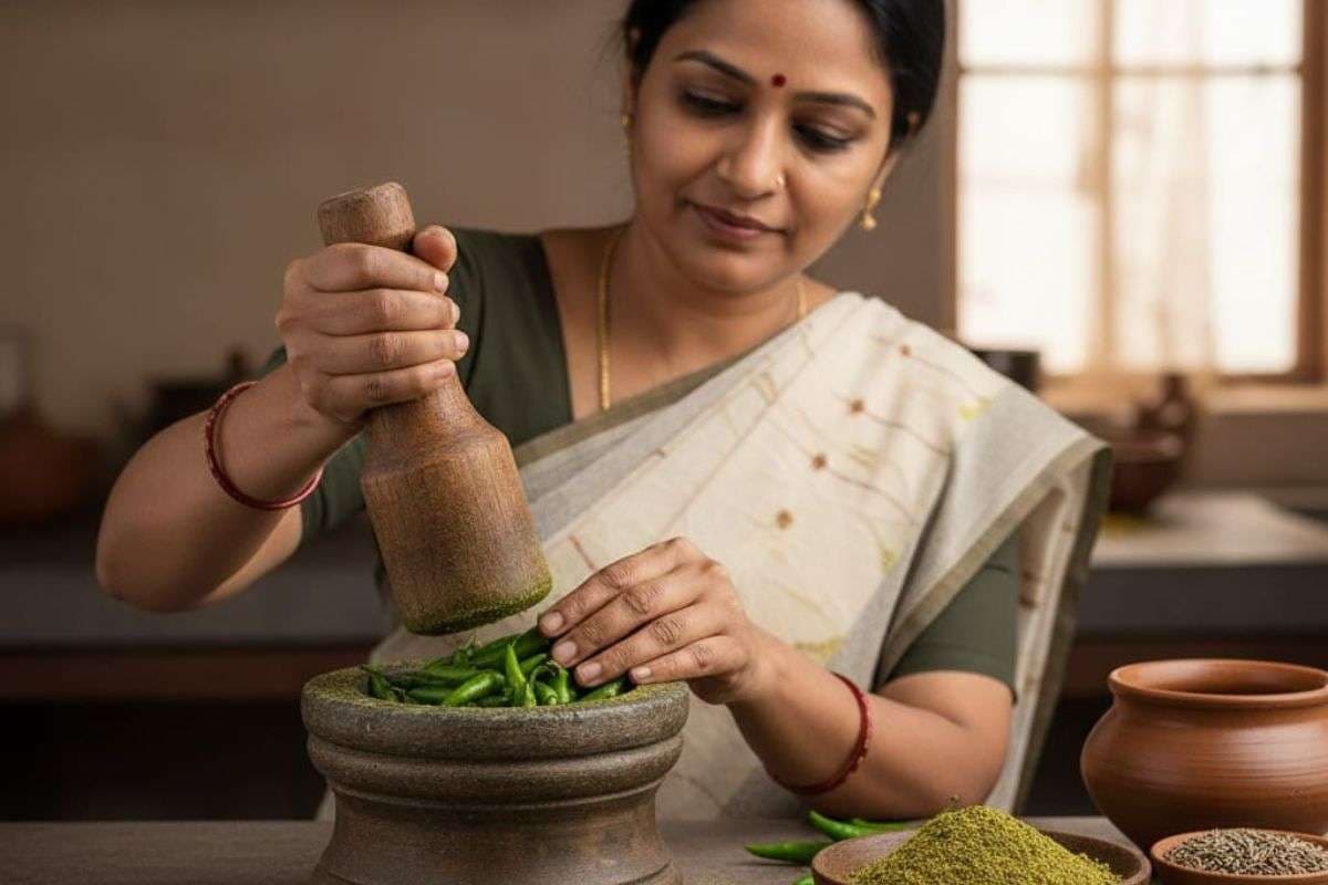women making green chilli powder