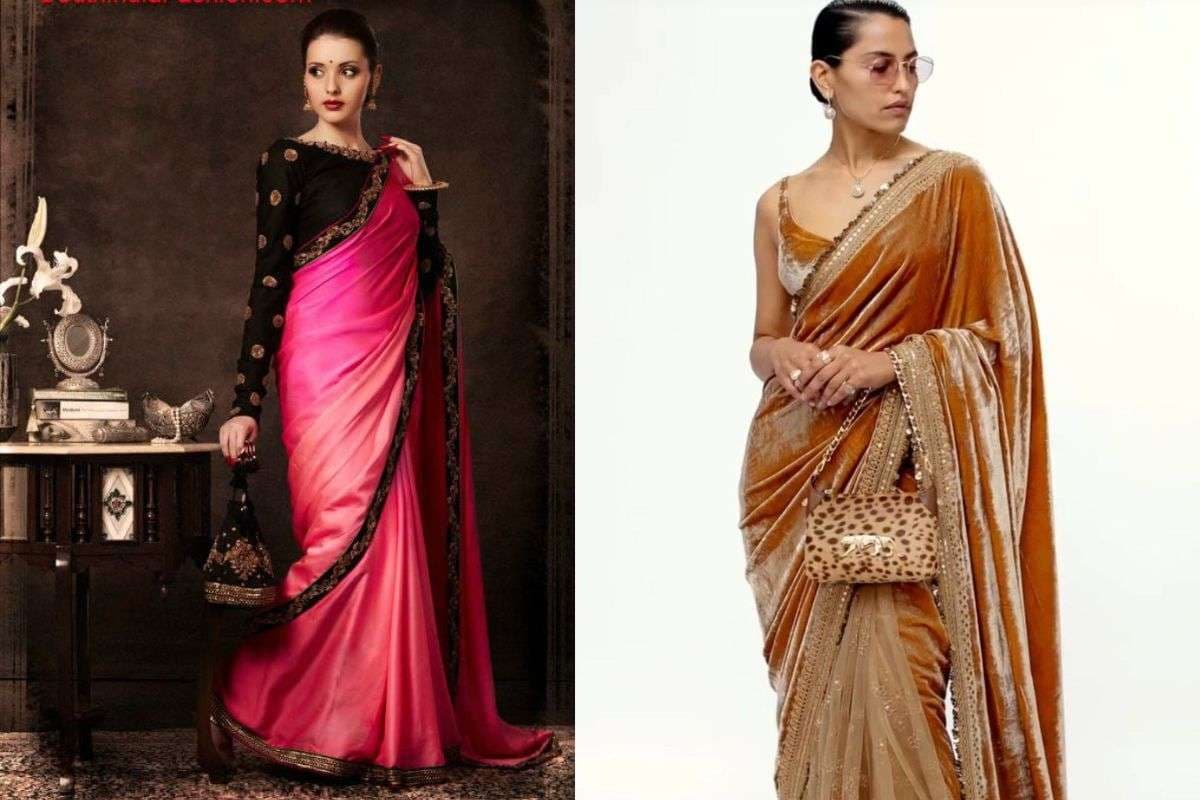 Contrast Border Velvet Saree (Image Source: Pinterest)