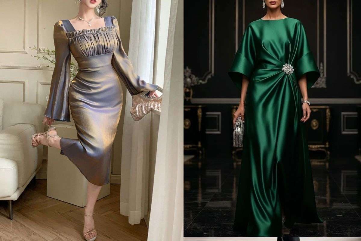 Satin Long-Sleeve Midi Dress