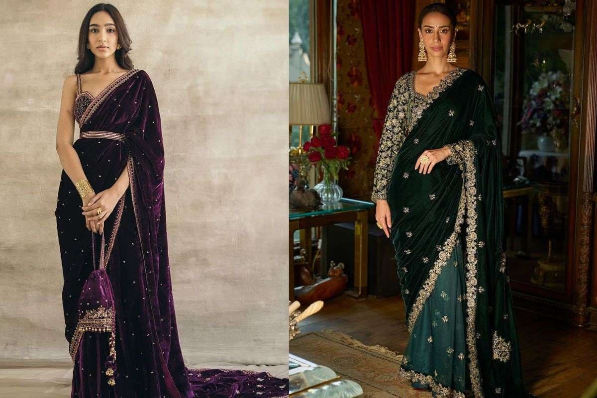 Stone Work Velvet Saree (Image Source: Pinterest)
