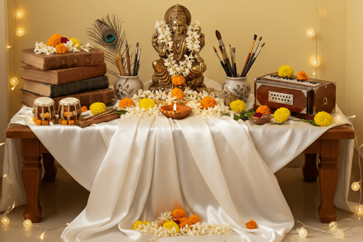 Books and Musical Instruments Decoration for Saraswati Puja