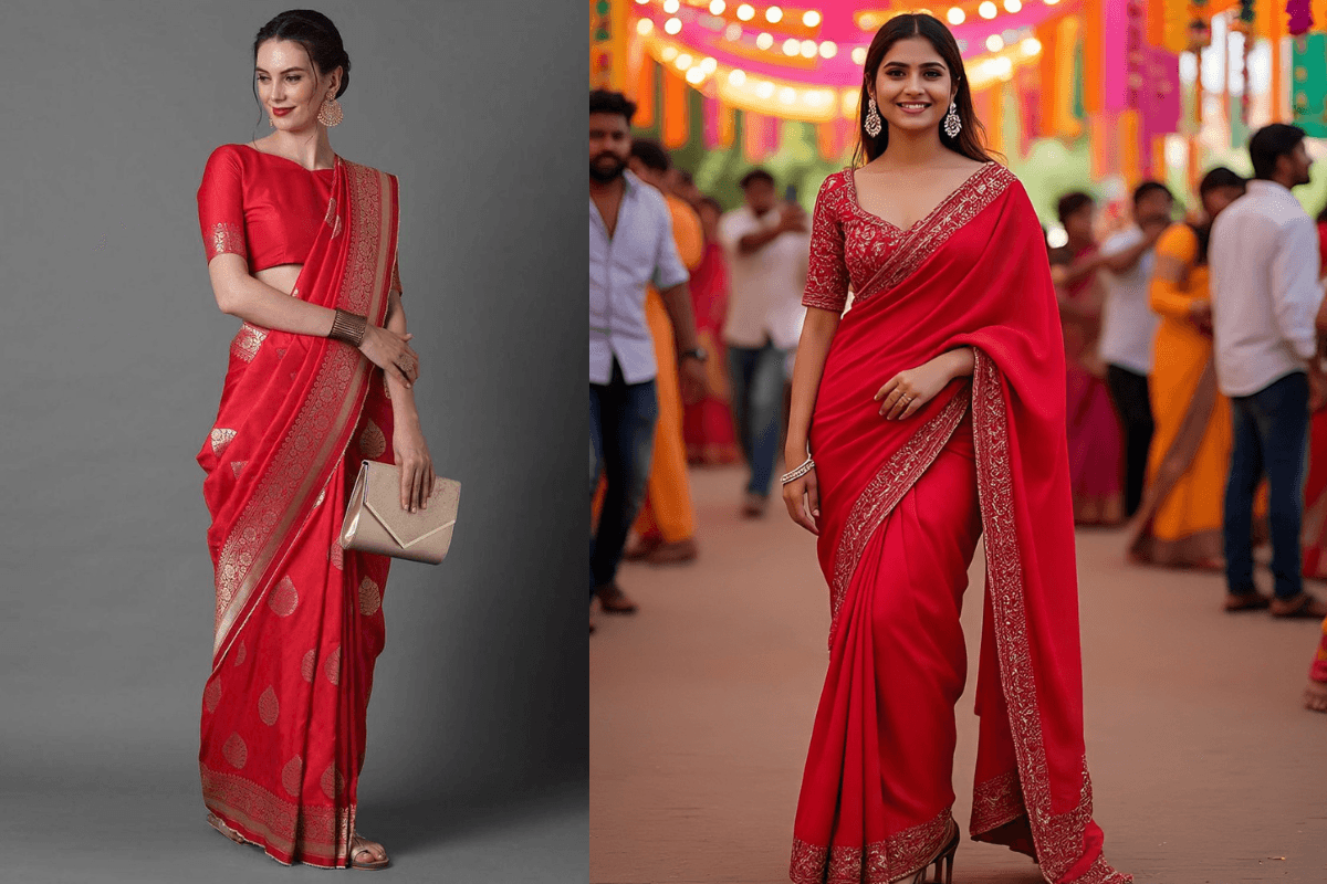 Classic Red Saree For Saraswati Puja